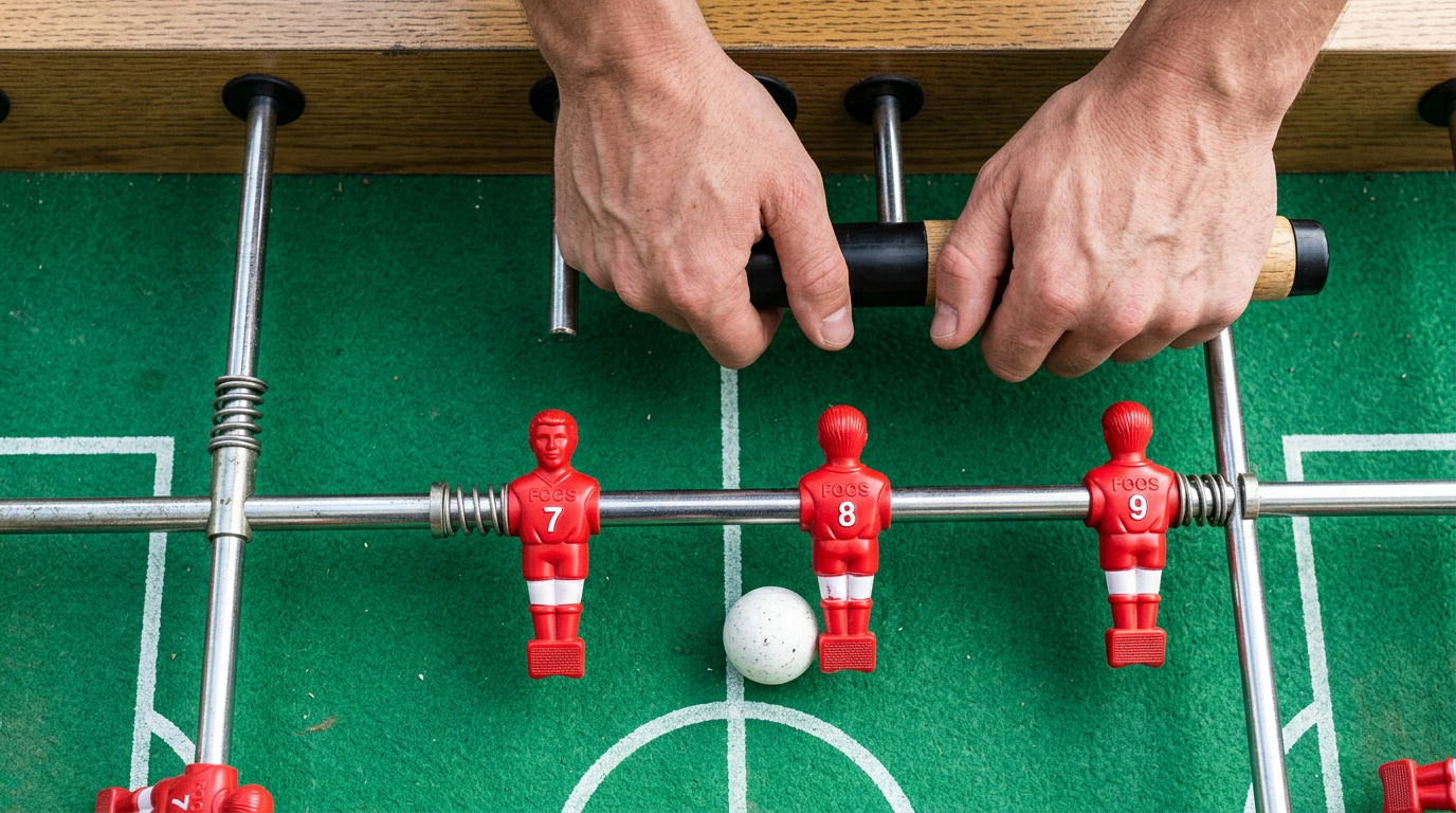 Échantillon vidéo : vue de dessus des mains du coach sur les barres d’un babyfoot, prêtes à jouer le geste